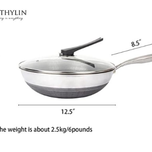 CATHYLIN:  12.5"/ 1 QT -  Nonstick Stainless Steel Wok Pan with Lid - Picture 3 of 13